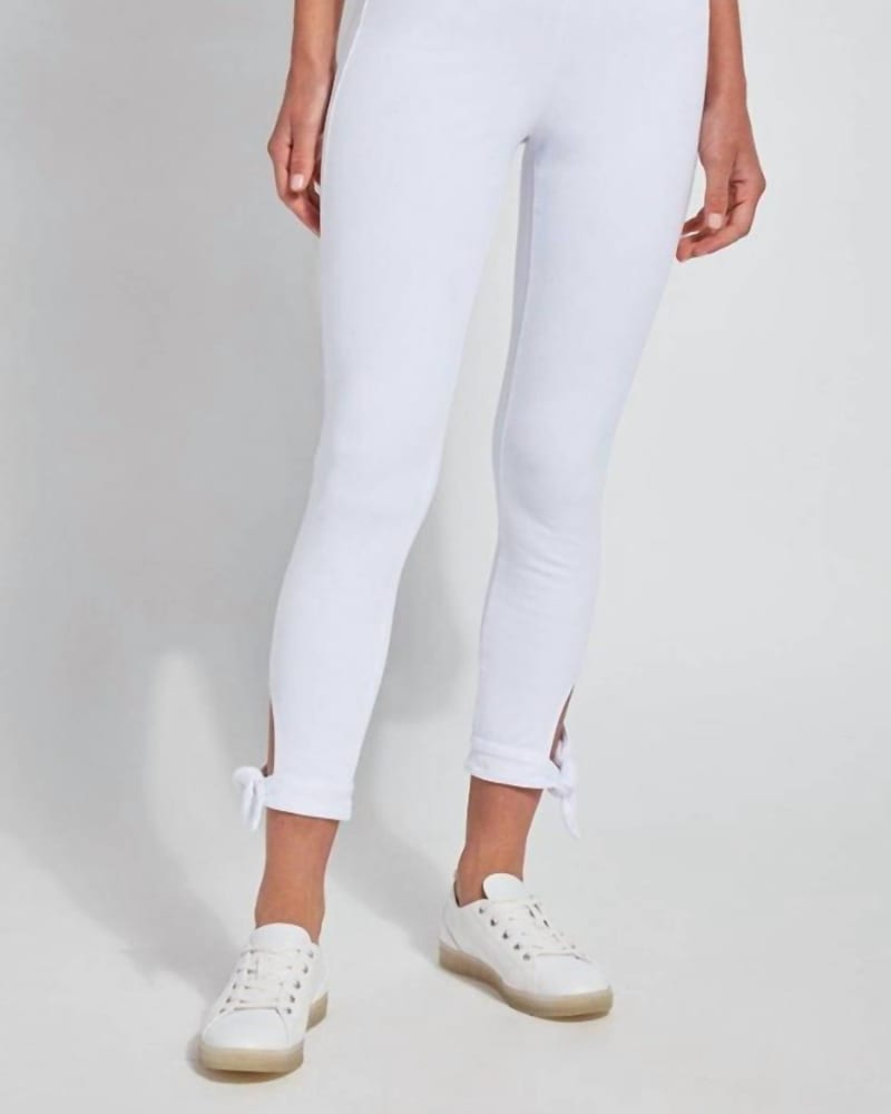 Front of a model wearing a size XL Dela Tie Crop Legging In White in White by Lysse. | dia_product_style_image_id:351072